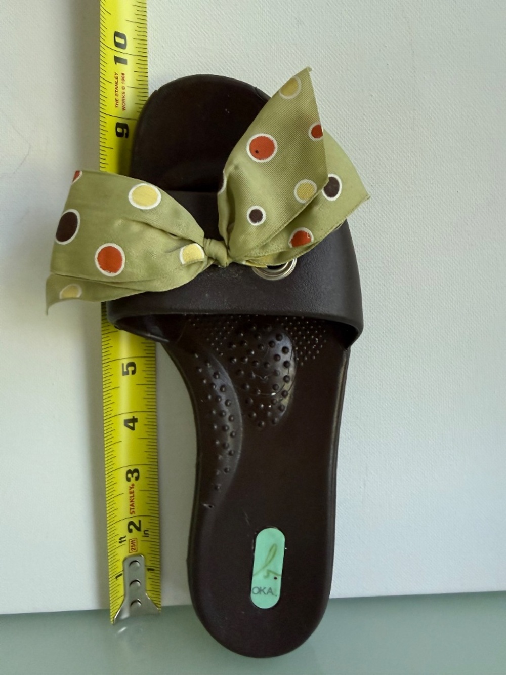 Okabashi Brown Slide Sandals Green Bow Polka Dot Open Toe Slip On Size M - Picture 12 of 14
